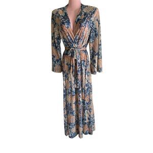 Vintage Gilead Robe Womens Medium Blue Kimono Floral Belted Nylon Made USA 80s